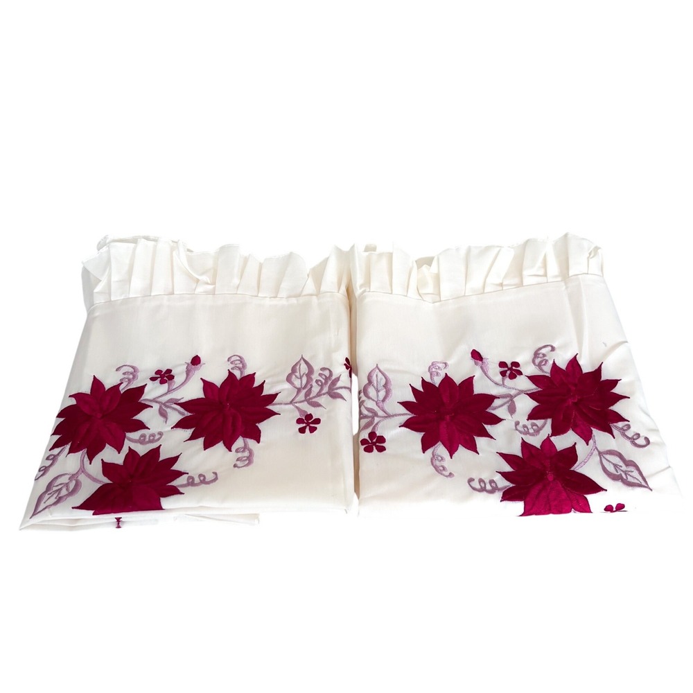 Vintage Floral Embroidered Ruffle Cottage Pillow Shams White Red Farmhouse 28X17